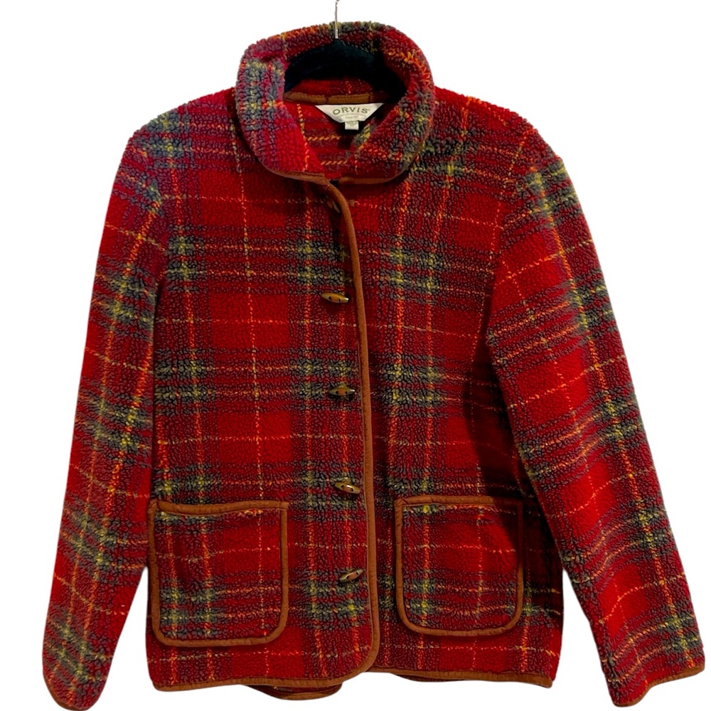 Orvis Plaid Fleece Toggle Button Jacket Medium